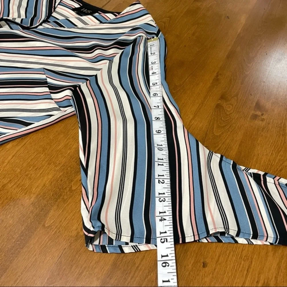 W5 Women’s Blue Stripe Tie Sleeve V‎ Neck Faux Wrap Boho Blouse Top Shirt Size M